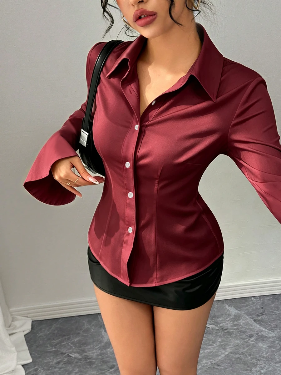 Rafferiza 秋季襯衫 聖誕墨西哥風 簡約休閒商務休閒上衣 鄉村優雅女款 現代辦公職場商務酒紅色 - 酒紅色 - 查看 1