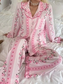 CottageSlumber طقم بيجامة نسائي بأكمام طويلة مع ياقة طية، أزرار أمامية، طباعة زهور رومانسية مجعدة ومنتفخة مع حافة مكشكشة - وردي - مشاهدة 3