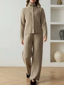 Dazy-Less Women's High Neck Button Long Sleeve Sweater And Pants 2 Pieces Set - Khaki - View 3