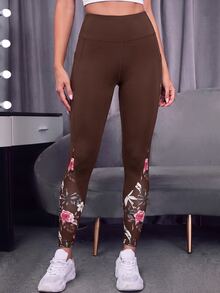 SHEIN Sports 女款花卉印花休閒日常運動緊身內搭褲 - 彩色 - 查看 4