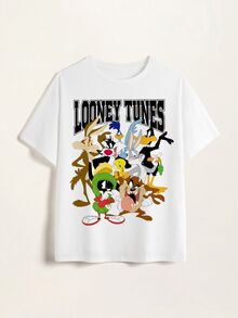 LOONEY TUNES X SHEIN Plus Size Women's Letter Cartoon Print Casual Everyday T-Shirt - White - View 6