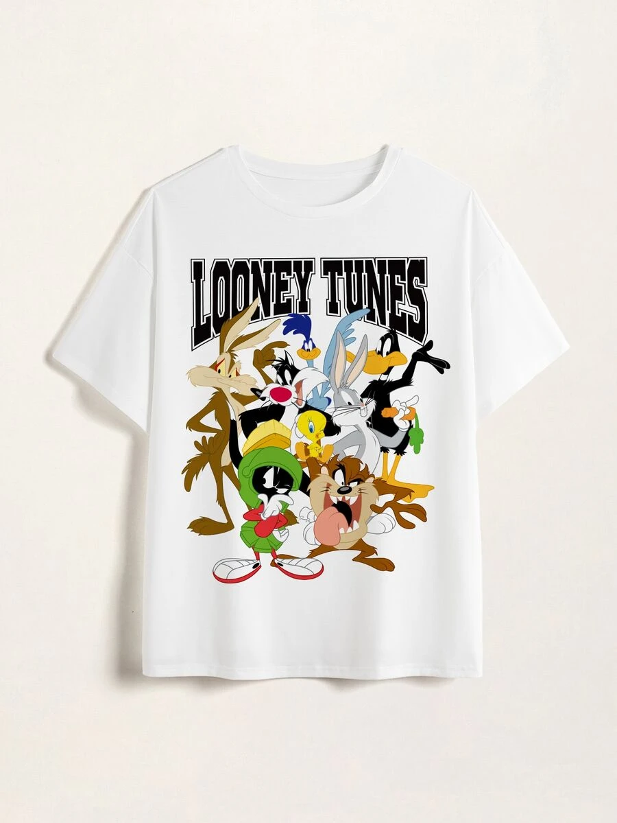 LOONEY TUNES X SHEIN Plus Size Women's Letter Cartoon Print Casual Everyday T-Shirt - White - View 1