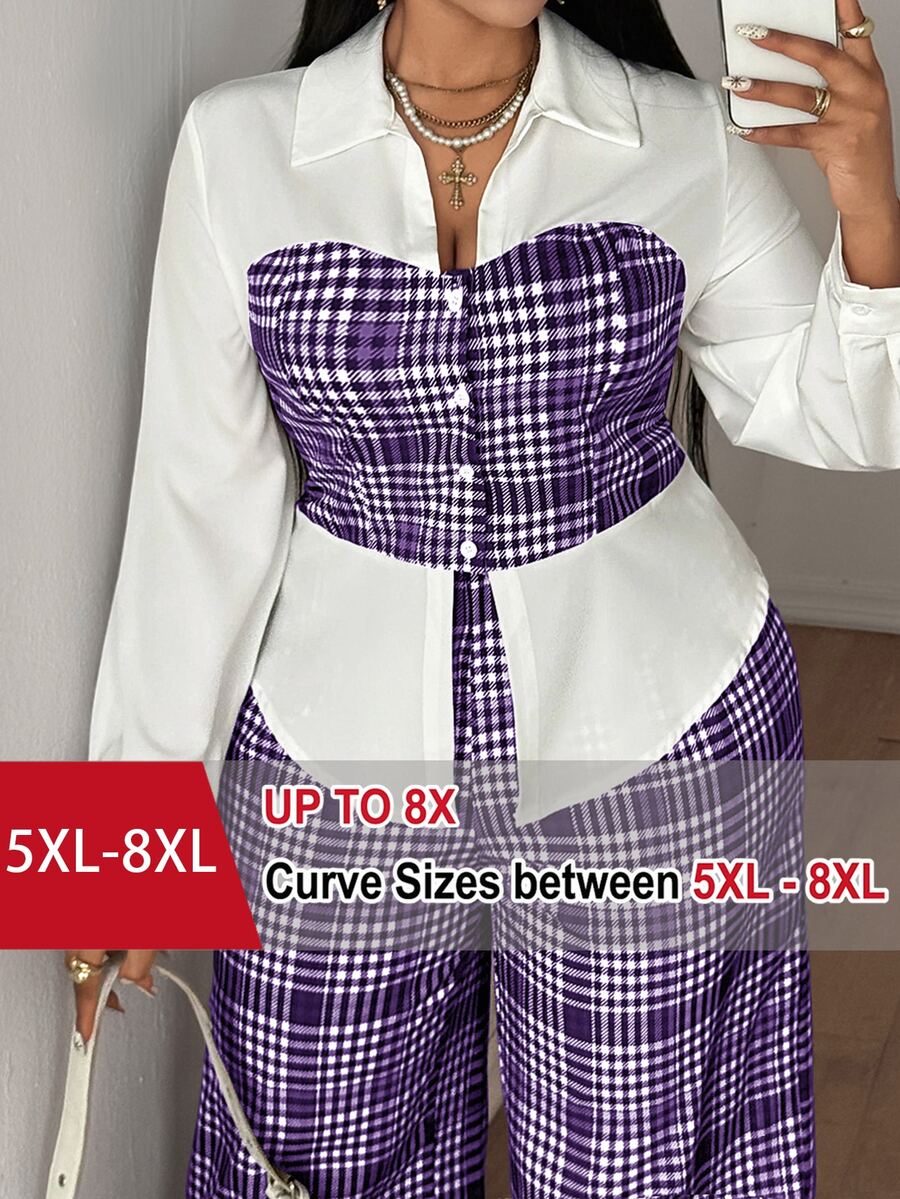 SHEIN CURVE+ Setelan Kemeja & Celana 2 in 1 Kerah Prancis Motif Kotak-kotak Ukuran Besar untuk Wanita, Musim Gugur - MultiWarna - View 1