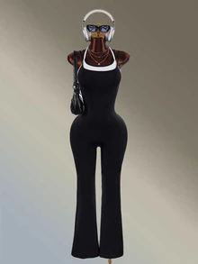 Amplova Women's Black & White Contrast Color Long Flare Leg Sports Jumpsuit - Black and White - View 9