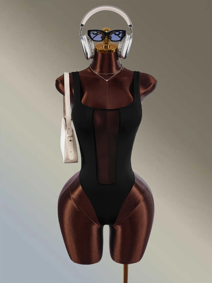 Amplova 女款黑色網紗透視U背露背運動連身褲 - 黑色 - 查看 1