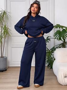 Solflare Two Pieces Autumn And Winter Plus Size Casual Long-Sleeve Hooded Shirt And Pants - Royal Blue - View 5