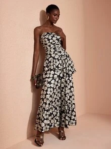 JIAN LASALA Knit Floral Print Sleeveless Tube Top Double Ruffle Layers Ruched Long Dress Elegant Vacation - Multicolor - View 6