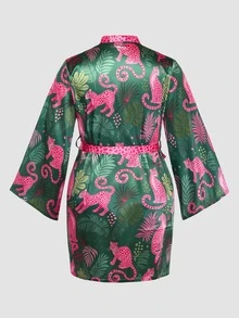 Chillnights Colorblock Floral Leopard Leaf Print Satin Tie-Front Plus Size Robe - Green - View 2