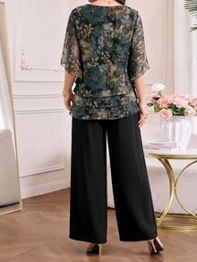 Amorya 女款花卉印花 3/4 喇叭袖上衣與寬腿褲 2 件套，橄欖綠黑色，適合早午餐，夏季優雅 - 彩色 - 查看 2