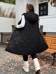 SHEIN EZwear 大尺碼女款純色休閒百搭冬季連帽填充外套 - 黑色 - 查看 1