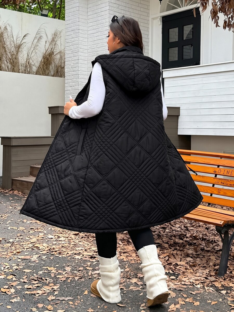 SHEIN EZwear 大尺碼女款純色休閒百搭冬季連帽填充外套 - 黑色 - 查看 1