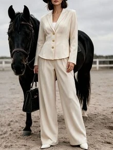 Balvessa Intellectual Commuter Style Cinched Waist Jacket & High Waist Pleated Straight Leg Pants With Metal Buttons, Professional Women's 2 Pieces Set - Khaki - View 3