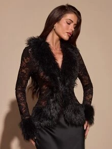 SHEIN BAE Women's Patchwork Faux Fur Lace Long Sleeve Sexy Cardigan - Black - View 6