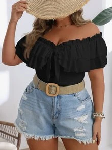 SHEIN VCAY Camiseta de mujer talla grande color liso con volantes y nudo delantero - Negro - Ver 6