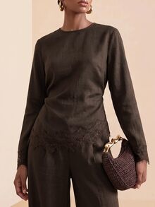 Zivah Women's Solid Color Contrast Lace Blouse And Wide Leg Pants Elegant 2 Pieces Set - Brown - View 7