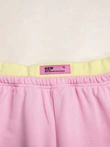 SHEIN Tween女孩黃粉色長袖短版背心上衣 + 對比腰帶運動長褲 2件套 - 粉色 - 查看 8
