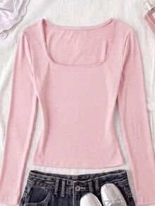 SHEIN Tween女孩長袖T恤，彈性領口修身剪裁，簡約百搭舒適款 - 粉色 - 查看 3