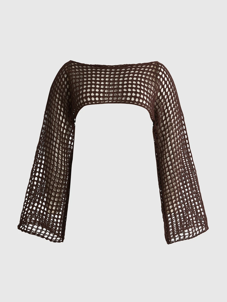 ROMWE Grunge Punk Plus Size Ultra Cropped Faux Crochet Hollow Out Sweater - Brown - View 1