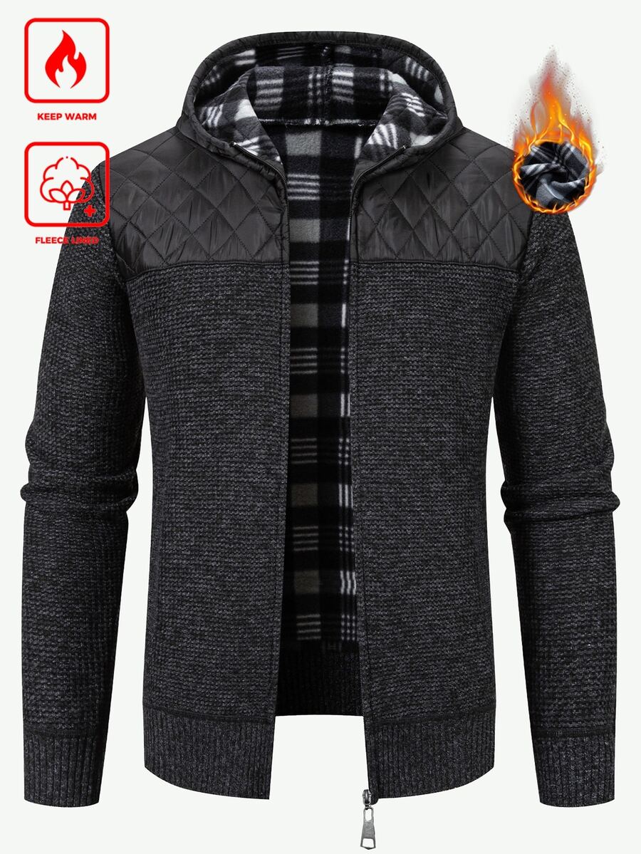 Manfinity Homme 男士休閒百搭日常穿著連帽開襟衫，Ins風，華麗派對，街頭成熟，寬鬆版型毛衣，黑色，秋季，正式 - 黑色 - 查看 1