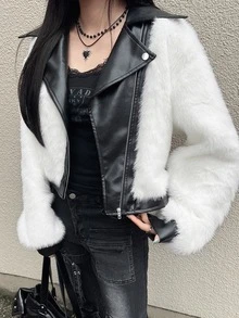 FRIFUL 女款毛絨拼接休閒街頭風性感百搭日常長袖外套 秋季夜生活 黑白配色 - 杏色 - 查看 3