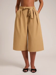 SHEIN BAE Women's Loose Casual Solid Color Back Waist Elastic Pleated Mid-Length Wide Leg Pants - Khaki - View 6