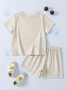 SHEIN | PAW Patrol 小男孩圓領短袖T恤與短褲套裝 - 杏色 - 查看 2
