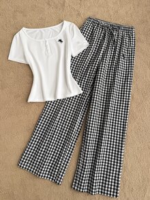 Tseoso Women's Knight Embroidery Short Sleeve T-Shirt And Plaid Long Pants Casual Preppy 2 Pieces Set Everyday School White Black And White Summer - Black and White - View 5