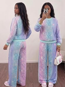 SHEIN Sparklyn 青少年女孩新款時尚印花圓領長袖上衣與寬腿長褲兩件套，秋冬款 - 彩色 - 查看 2