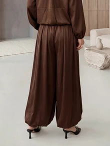 Rue Lumi Women's Loose Solid Color Cuffed Leg Long Pants, Fall High Tea Everyday Dark Brown Casual Elegant Thanksgiving Brunch - Brown - View 2