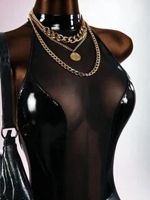 Amplova 女款性感 PU 拼接網格街頭風連身褲 - 黑色 - 查看 5