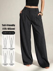 SHEIN Tall 女款韓式條紋口袋寬鬆長褲，適合商務辦公 - 黑色 - 查看 10