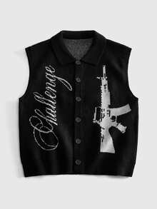 ROMWE MEN Gun Pattern Loose Knit Tank Top, Street Retro - Black - View 1