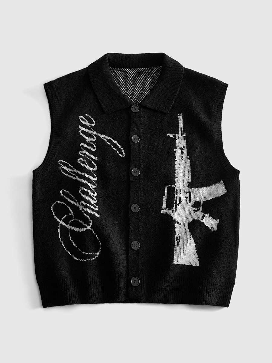 ROMWE MEN Gun Pattern Loose Knit Tank Top, Street Retro - Black - View 1