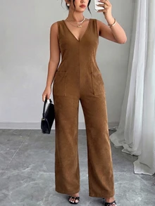 GlowEve CURVE Plus Size Women's Autumn/Winter Fashion Casual Pastoral Style Ribbed Spaghetti Strap Jumpsuit - Coffee Brown - View 7