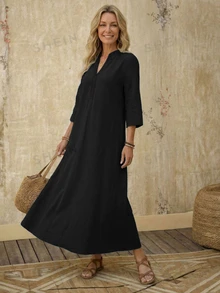 SHEIN LUNE Women's Solid Color Extra Long Casual Modest DressBlack Autumn - Black - View 6