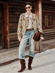 Anewsta Autumn/Winter Apricot Oil Painting Style Round Neck Elegant Jacket - Apricot - View 3