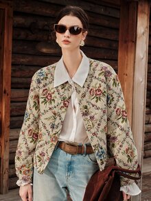 Anewsta Autumn/Winter Apricot Oil Painting Style Round Neck Elegant Jacket - Apricot - View 4