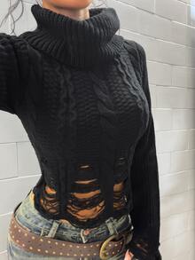 StreetHx Streetwear Women's Autumn/Winter Solid Color Y2K Vintage Distressed Ripped Cable Knit Sweater Top - Black - View 2