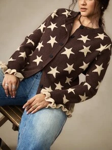 Nubod Plus Size Women's Star Pattern Casual Daily Cardigan - Brown - View 7