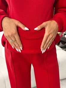 SHEIN Maternity Solid Color Crew Neck Long Sleeve Sweatshirt And Pants Casual 2 Pieces Set - Red - View 6