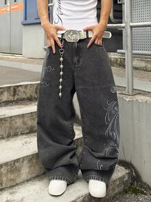 STEELVANCE Street Style Retro Fashion Versatile Distressed Washed Embroidered Design Loose Straight Wide Leg Casual Denim Jeans (Belt And Accessories Not Included) - Black - View 8