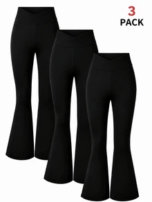 SHEIN 青少年女孩純色休閒百搭日常穿著運動喇叭褲 3件/套 - 黑色 - 查看 1