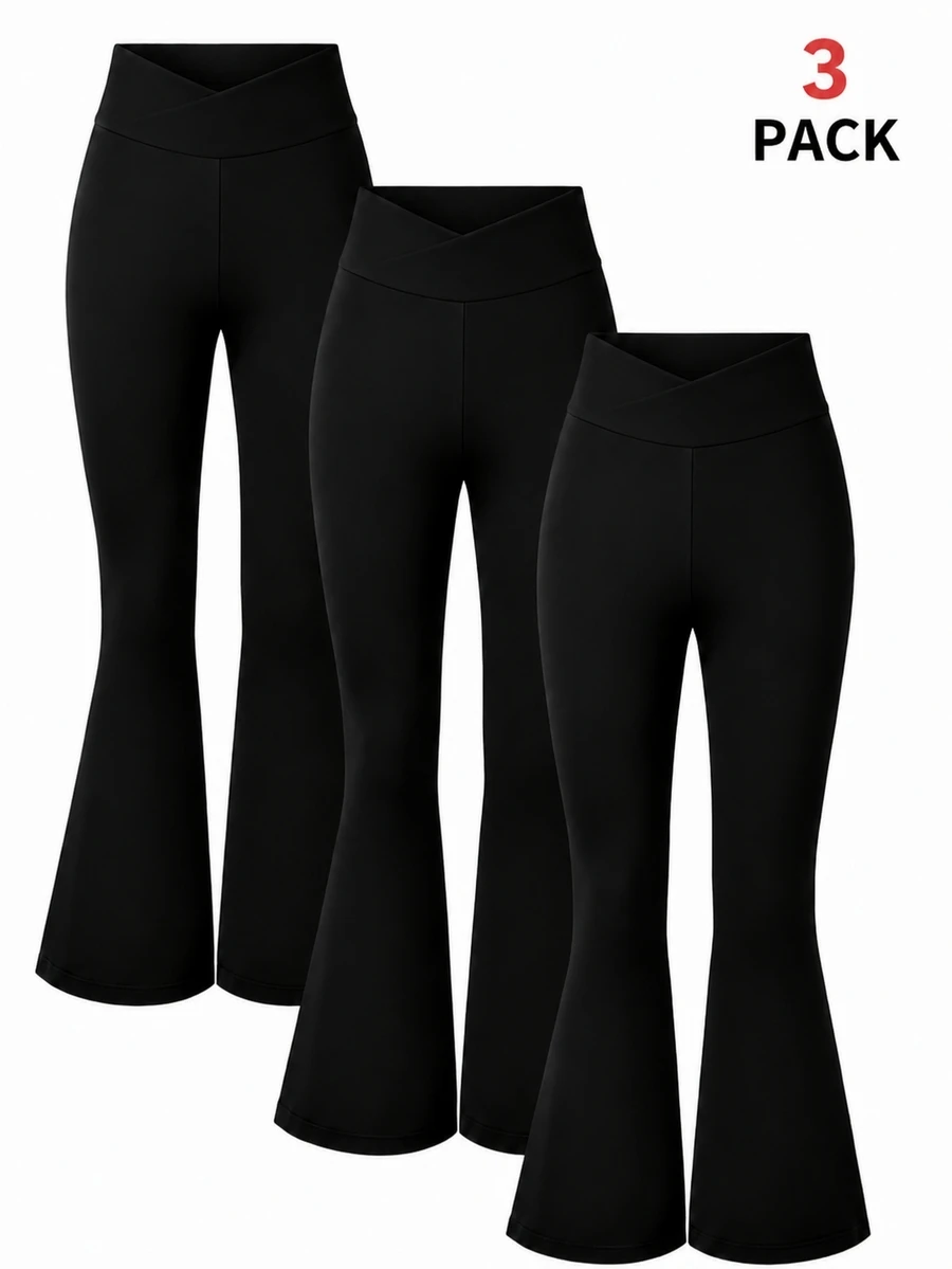 SHEIN 青少年女孩純色休閒百搭日常穿著運動喇叭褲 3件/套 - 黑色 - 查看 1