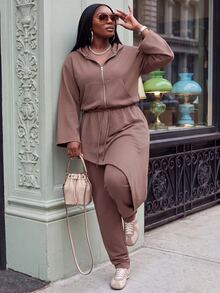 Slaydiva Autumn/Winter Brown Hooded Cardigan & Asymmetrical Hem Jogger Pants 2 Pieces Set Plus Size Fall - Brown - View 3