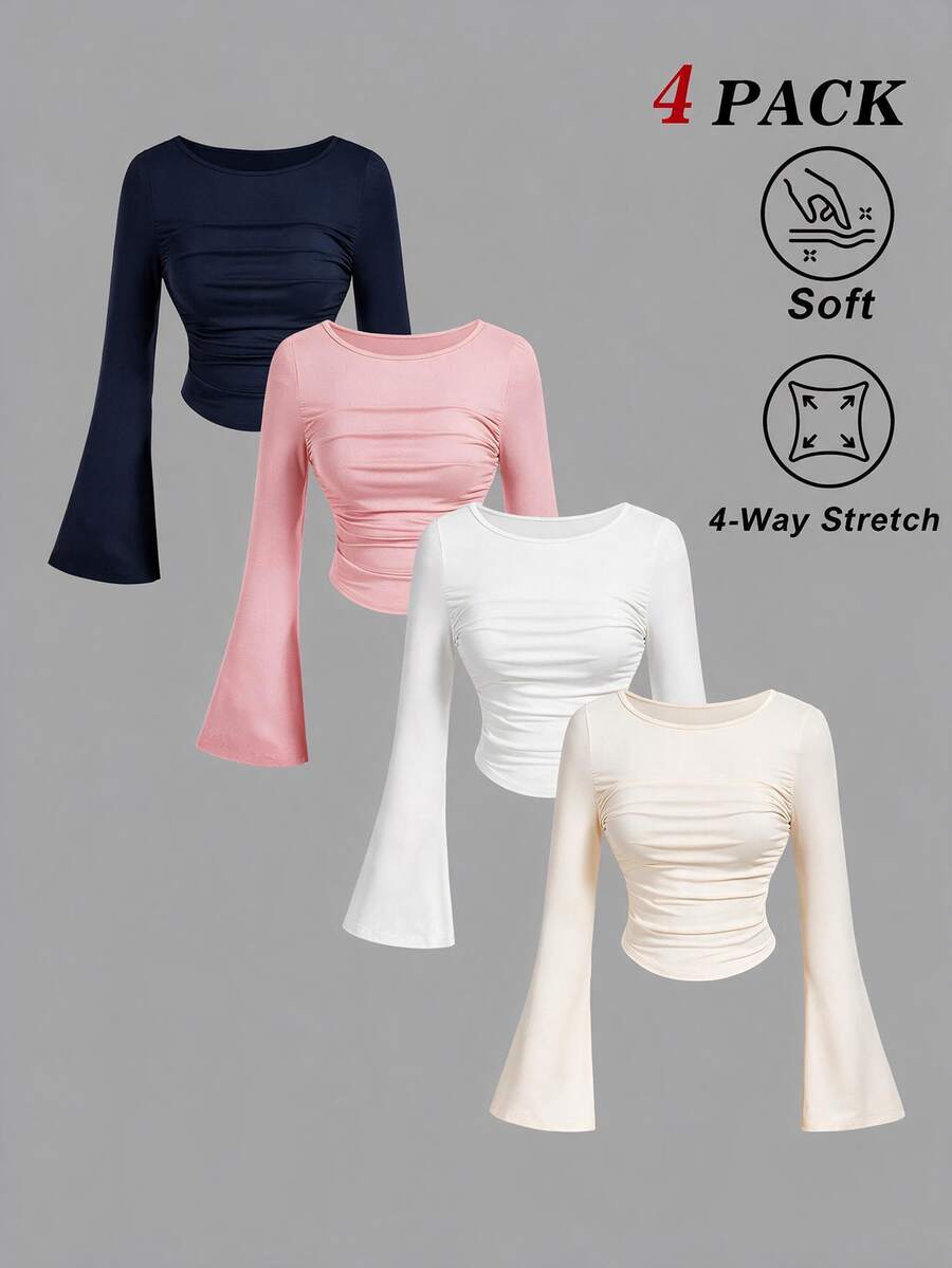 SHEIN MOD 女款純色百褶休閒日常穿著喇叭袖T恤 4件/組 - 彩色 - 查看 1