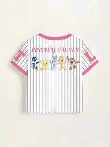 LOONEY TUNES X SHEIN Baby Girl Striped Cartoon Print Round Neck Short Sleeve Top - White - View 8