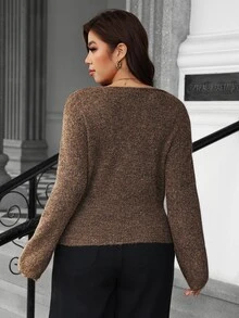 Vionelle Autumn Plus Size Wrap V-Neck Knit Top, Women's Long Sleeve Asymmetrical Ribbed Hem Slim Fit Business Casual Elegant Sweater Brown Office Formal - Coffee Brown - View 2