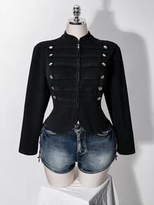 SHEIN ICON 女款大尺碼休閒百搭日常穿著長袖外套 秋季 - 黑色 - 查看 5