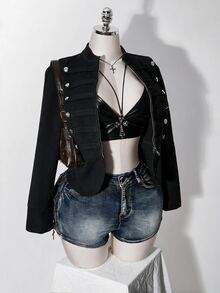 SHEIN ICON 女款大尺碼休閒百搭日常穿著長袖外套 秋季 - 黑色 - 查看 12
