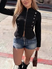 SHEIN ICON 女款大尺碼休閒百搭日常穿著長袖外套 秋季 - 黑色 - 查看 1